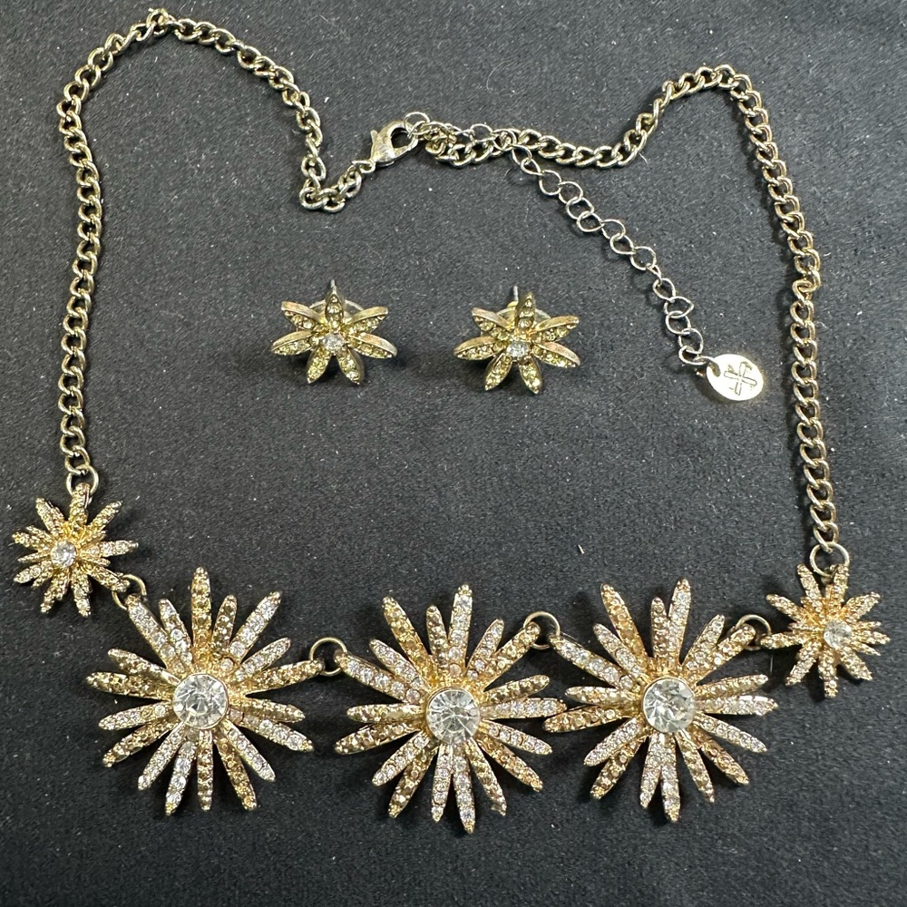 Sunburst Rhinestones Gold necklace/earrings VTG set.Pierced ears/collar length
